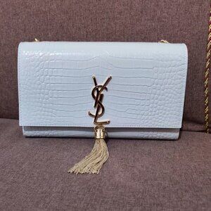 Yves YSL Saint Laurent KATE medium fringed crocodile-embossed leather bag